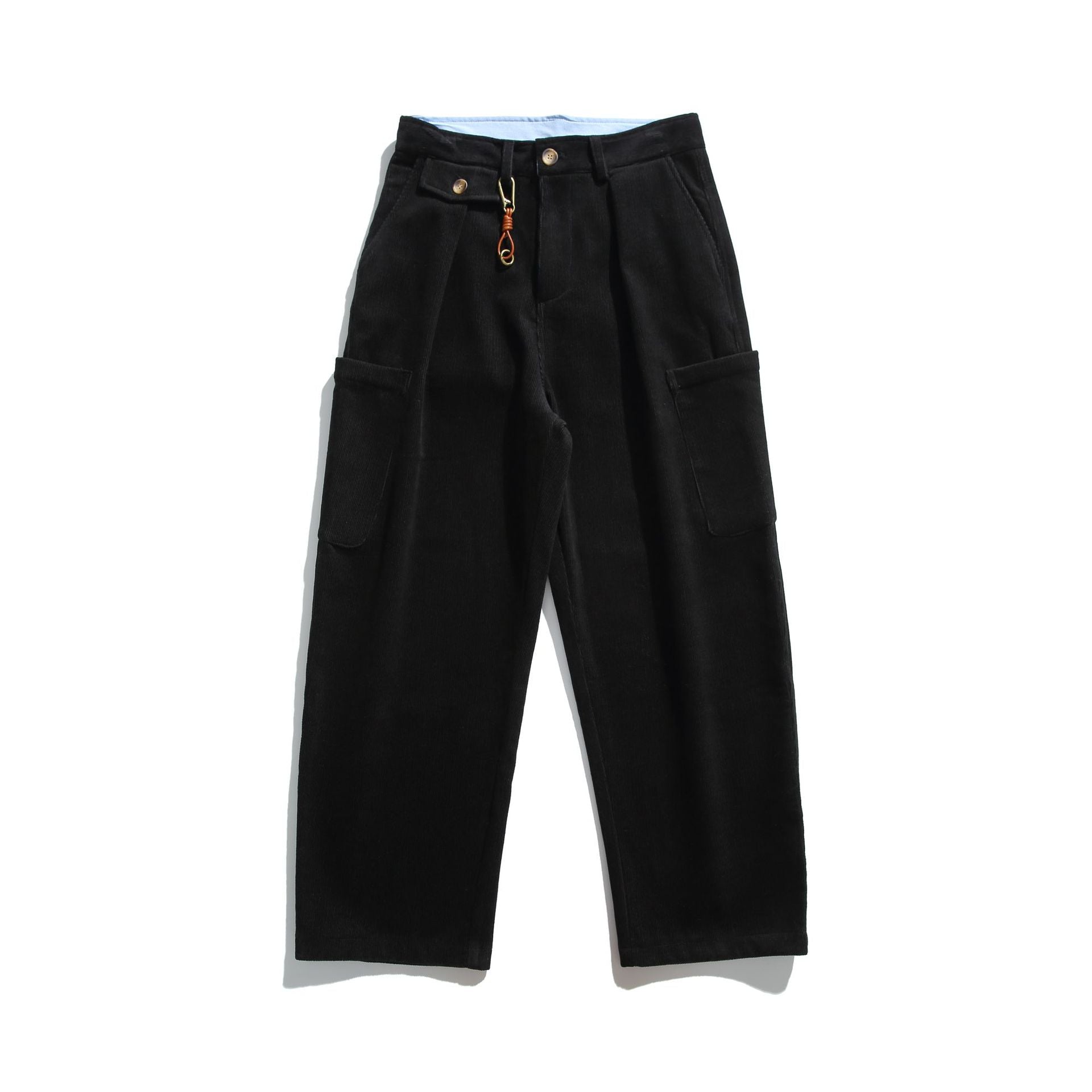 Men's Corduroy Cargo Pants with High Waist, Wide Leg and Flap Pockets Chichicherry