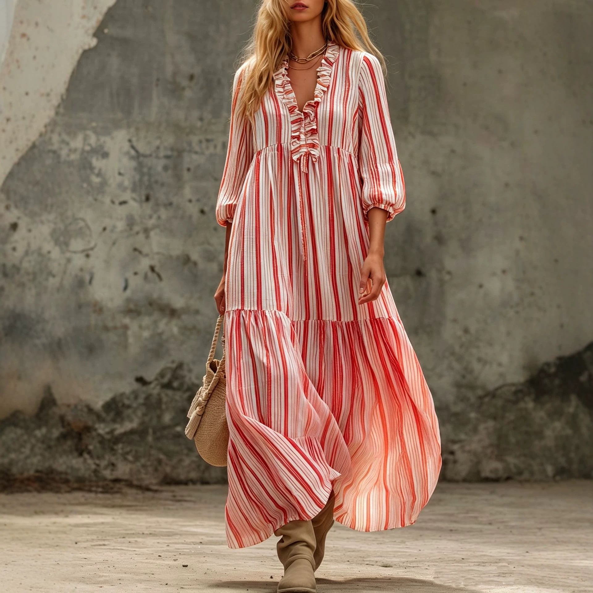 Women's Maxi Dress with Ruffle V-Neck and Balloon Sleeves Chichicherry