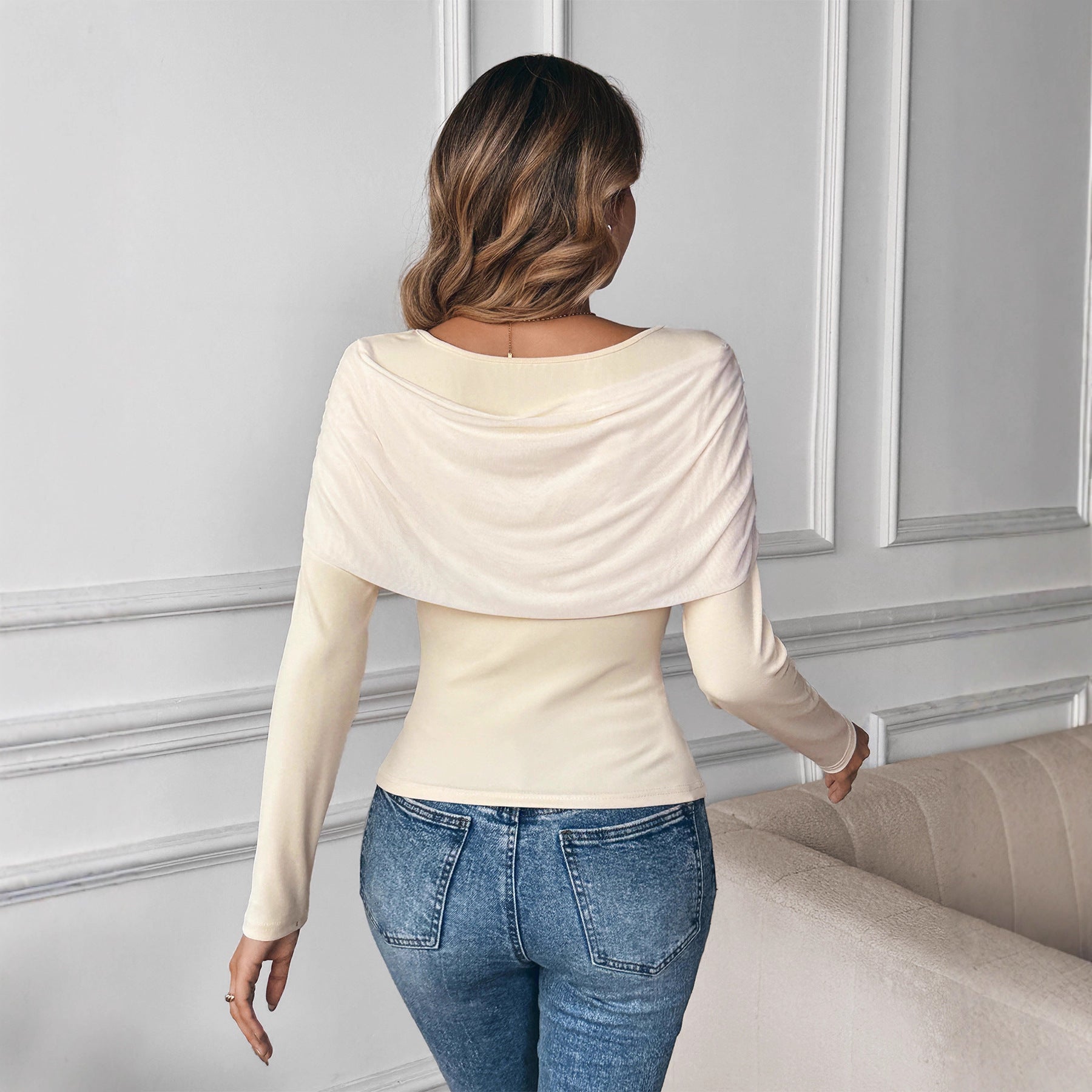 Women's Fitted Long Sleeve Shirt with Chiffon Shoulder Detail and Knot Decoration Chichicherry