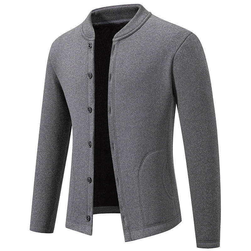 Men's Stand Collar Cardigan with Button Placket and Lightweight Wool Blend Chichicherry