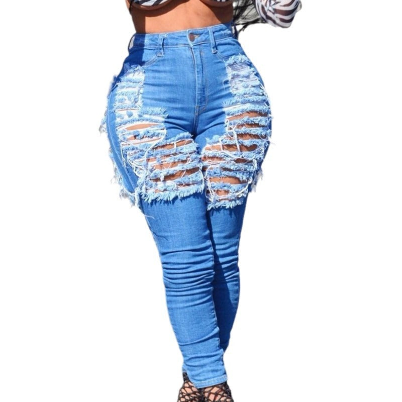 Women's high-waisted skinny jeans with intense fringe and slit details Chichicherry