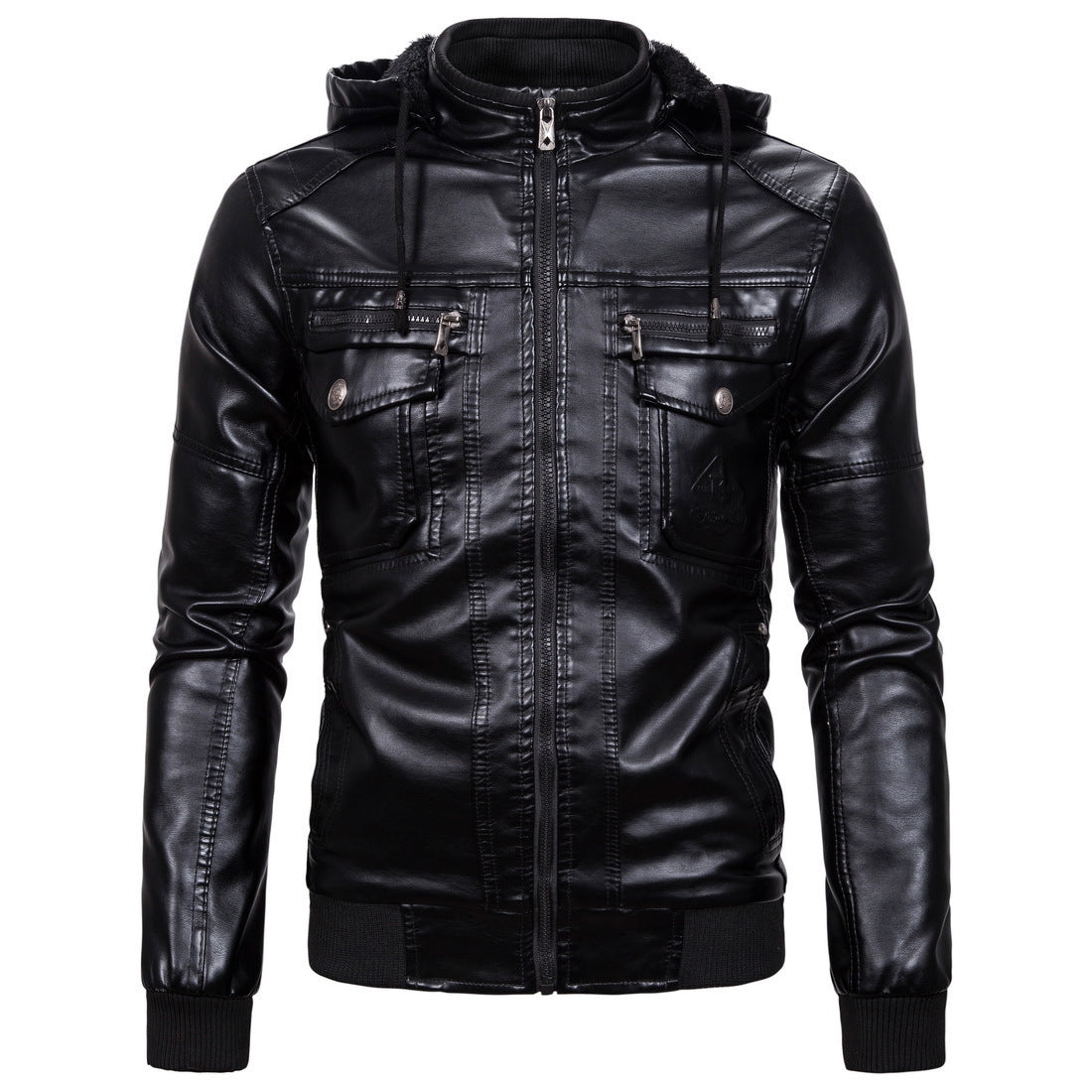 Men's vintage-inspired faux leather bomber jacket with teddy lining, stand collar, and chest pockets Chichicherry