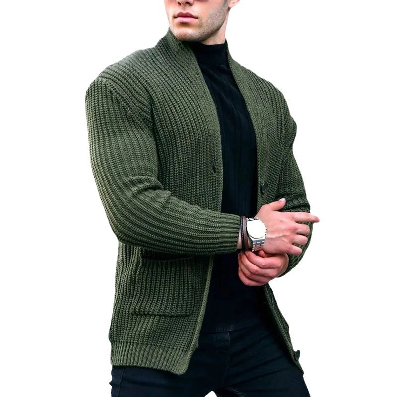 Men's chunky knit cardigan with shawl collar and patch pockets Chichicherry