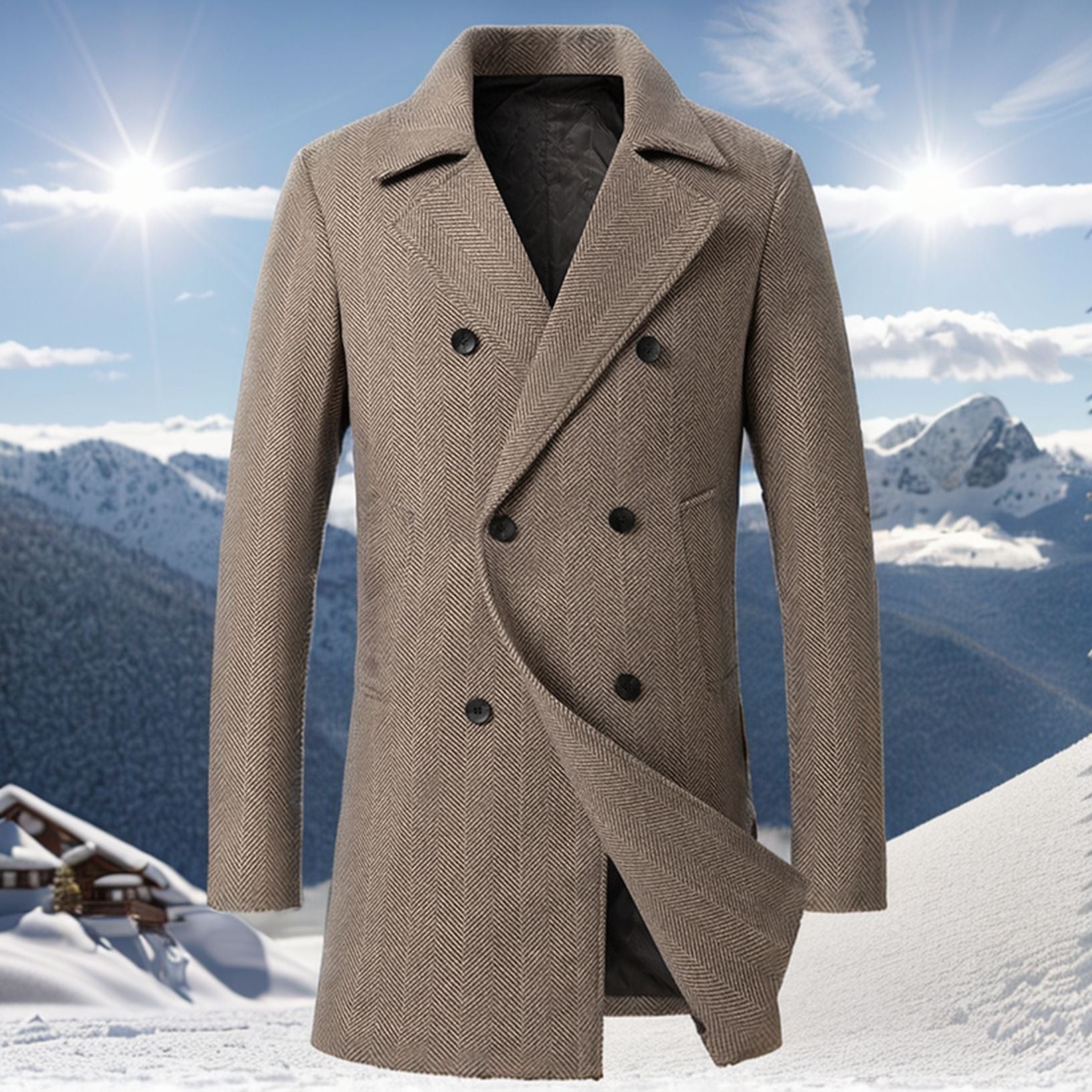 Men's Double-breasted Wool Coat with Herringbone Pattern Chichicherry