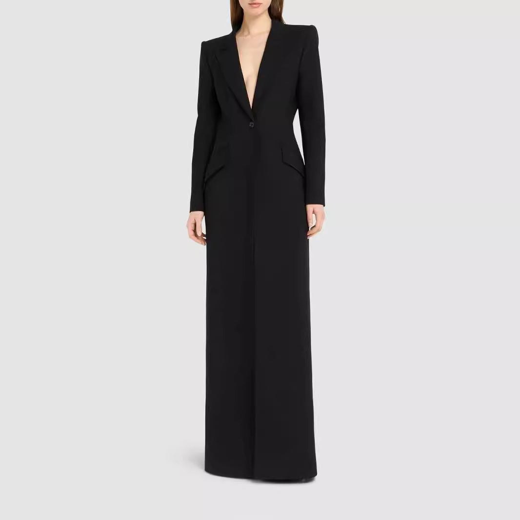 Women’s long tailored blazer dress with deep V-neckline and structured shoulder pads Chichicherry