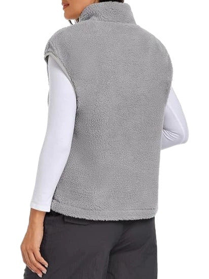 Women Sleeveless Teddy Fleece Vest with Half Zip and Stand Collar Chichicherry