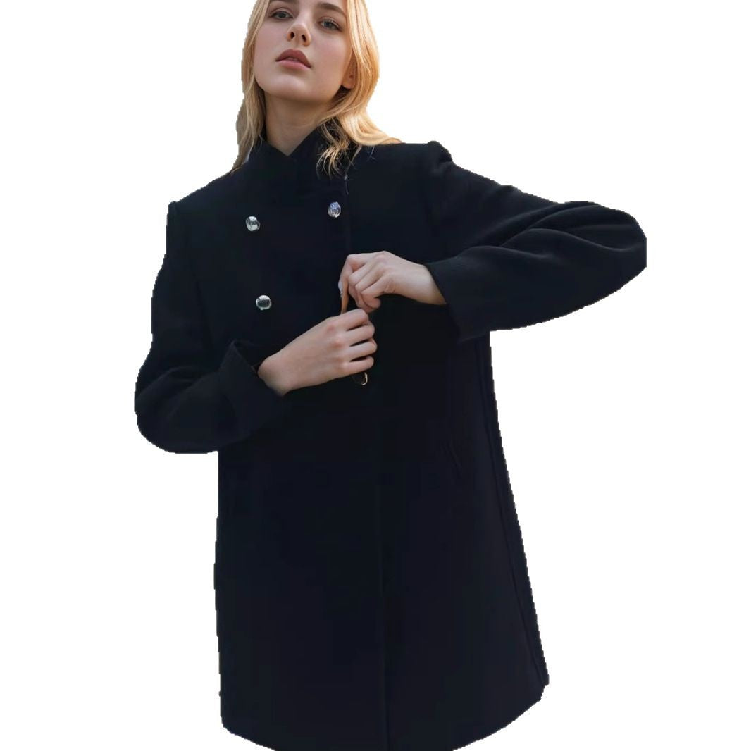 Ladies Double-Breasted Mini Coat with Stand Collar and Decorative Metal Buttons Chichicherry