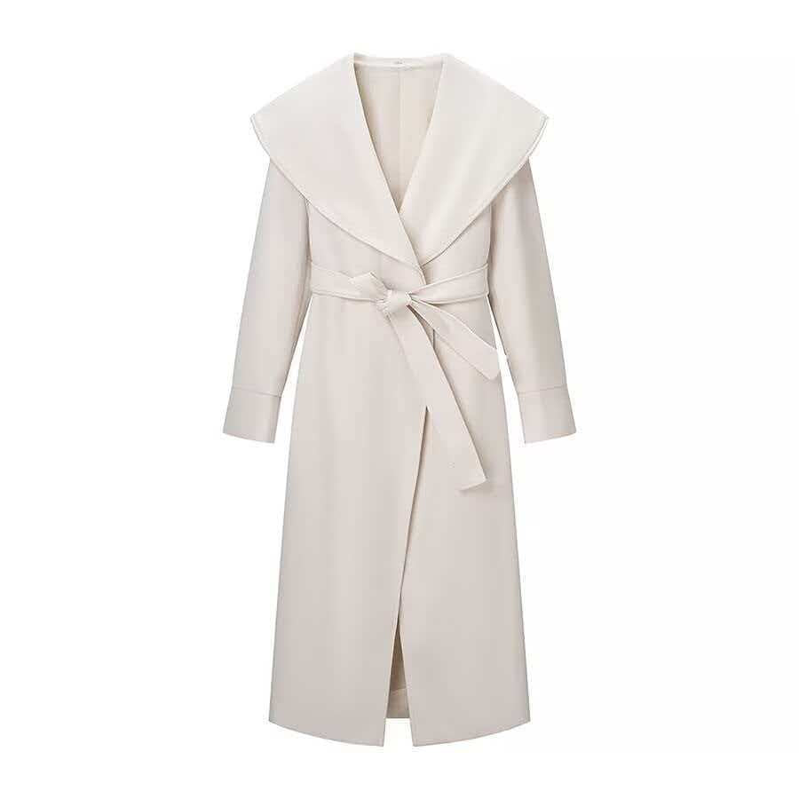 Women's Maxi Coat in Wrap Style with Wide Shawl Collar and Rolled-Up Sleeves Chichicherry