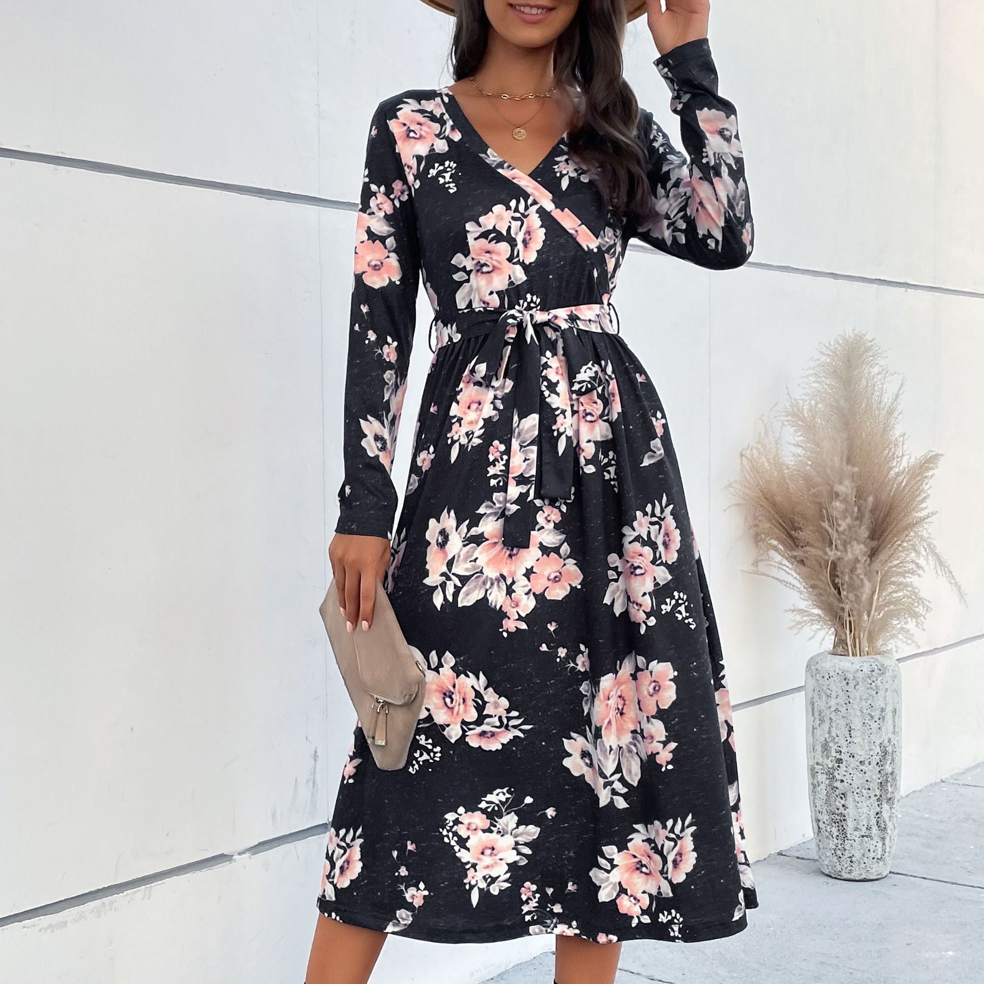 Women Floral Wrap Midi Dress with V-Neck, Waist Belt and Flared Skirt Chichicherry
