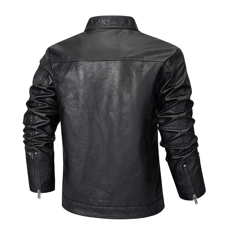 Men's Slim-Fit Faux Leather Zip Jacket with Stand Collar and Seam Panels Chichicherry