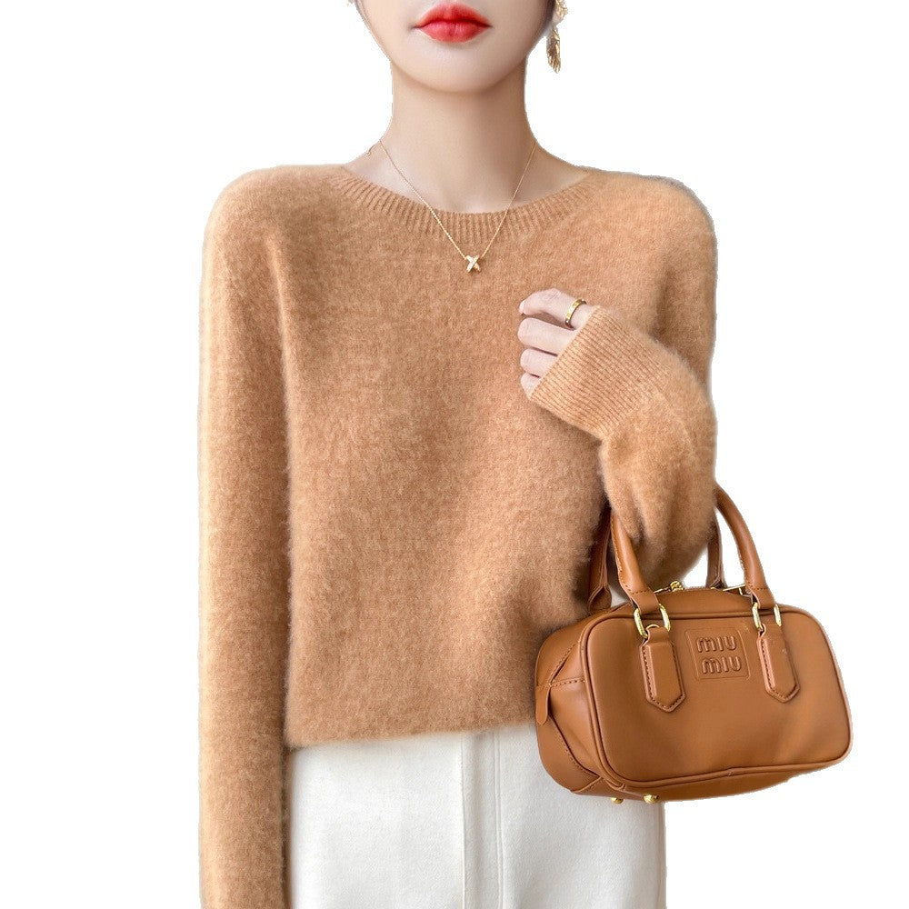 Women's Soft Mohair-Effect Round Neck Sweater with Fine Ribbed Hem and Light Oversize Fit Chichicherry