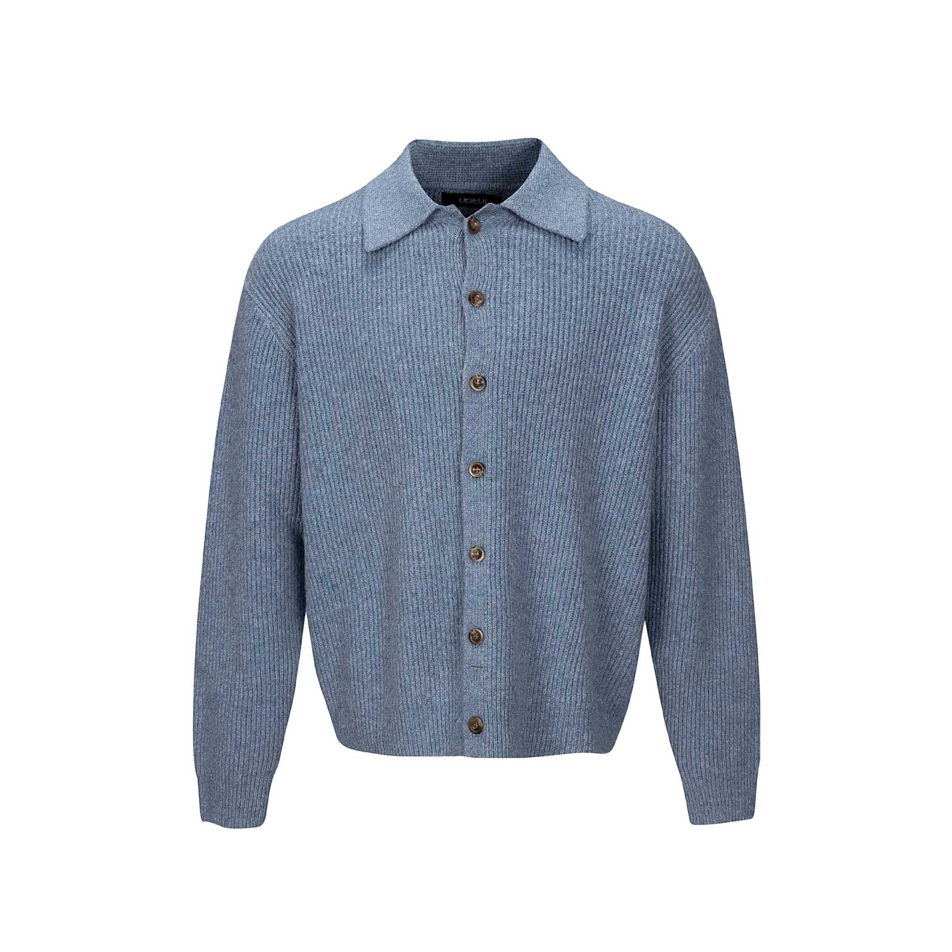 Men's Structured Knit Cardigan with Shirt Collar and Full Button Placket Chichicherry