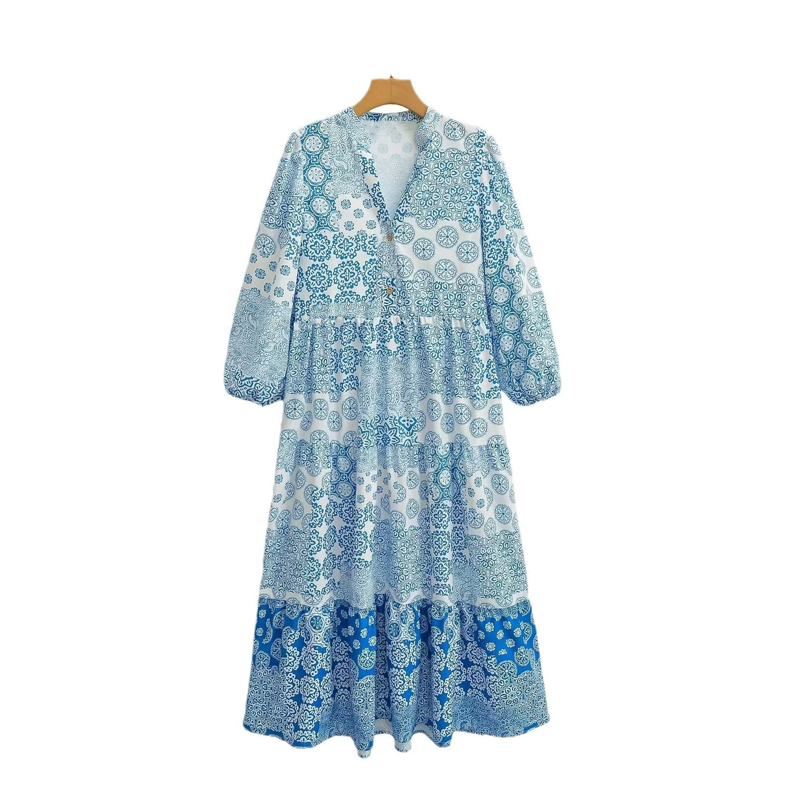 Women's maxi dress in patchwork print with V-neck, tiered skirt, and 3/4 sleeves Chichicherry