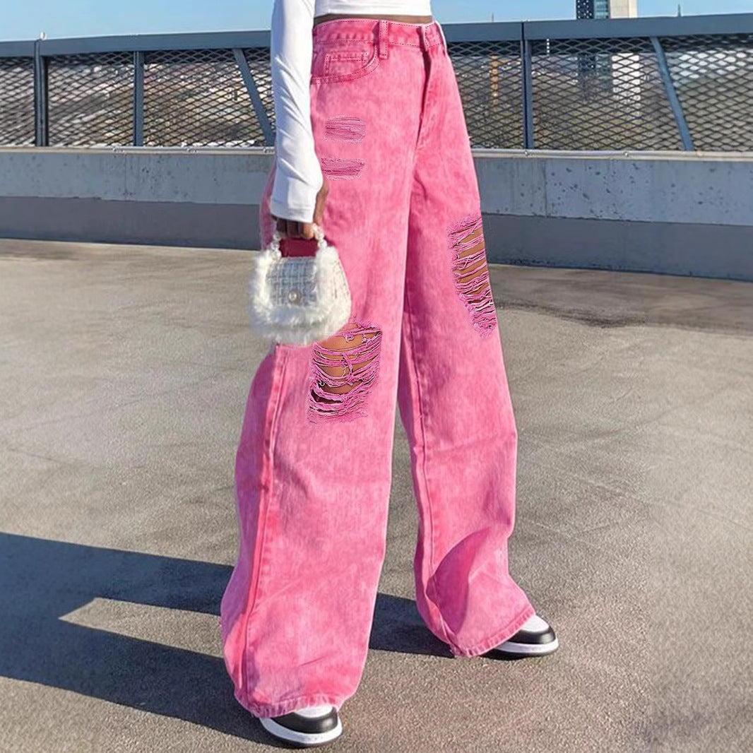 Women High-Waisted Wide Denim Palazzo Pants with Eye-Catching Ripped Inserts Chichicherry