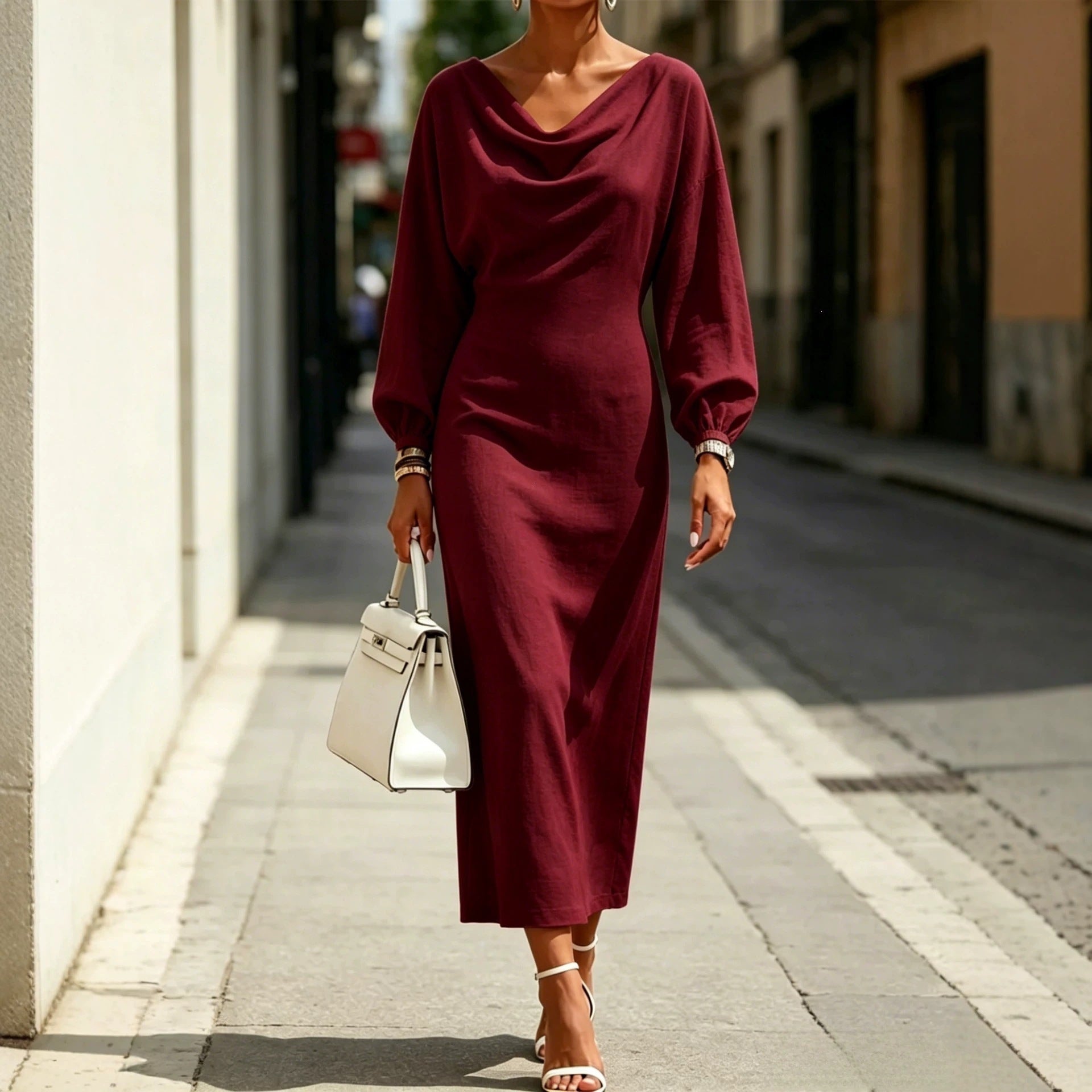 Women's Elegant Midi Dress with Draped Neckline, Tailored Silhouette, and Balloon Sleeves Chichicherry