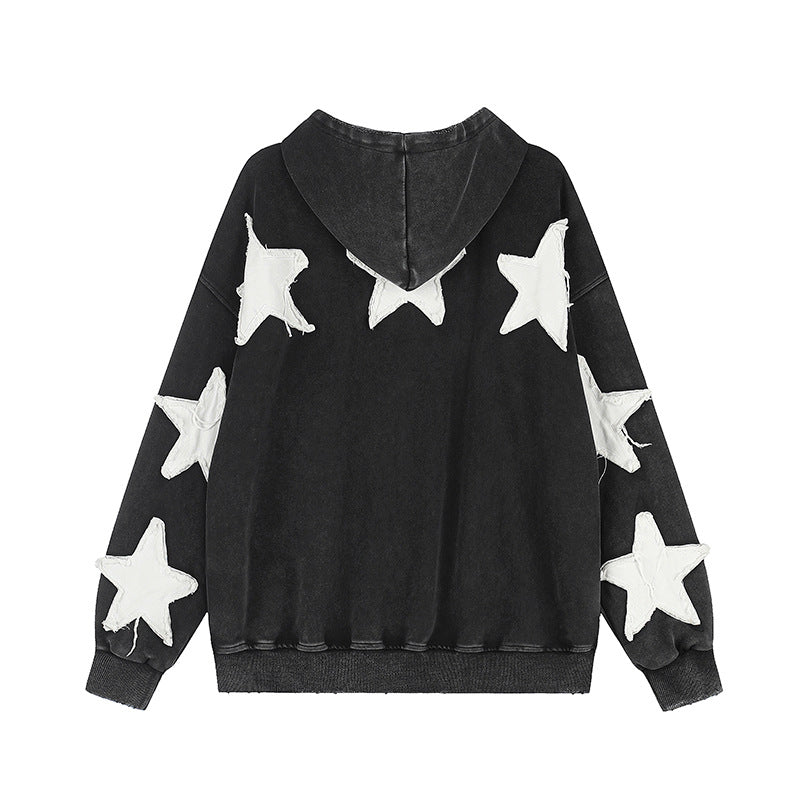 Women Oversize Hoodie Sweatshirt with Star Appliqués and Vintage Wash Chichicherry
