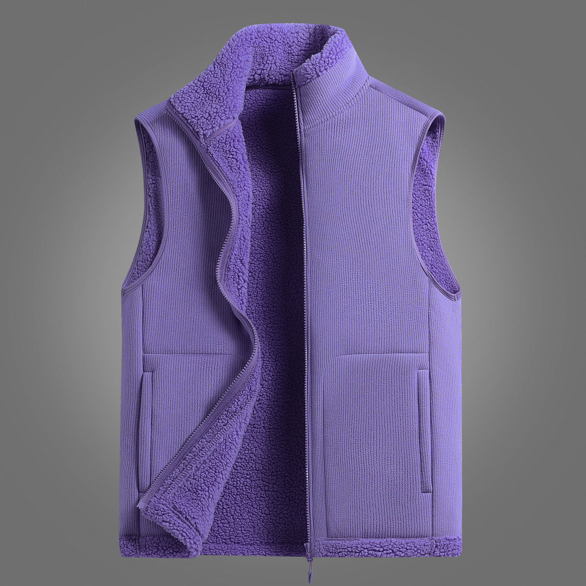 Women's Lightweight Sherpa Layered Vest with Ribbed Exterior Material, High Stand Collar and Front Pockets Chichicherry