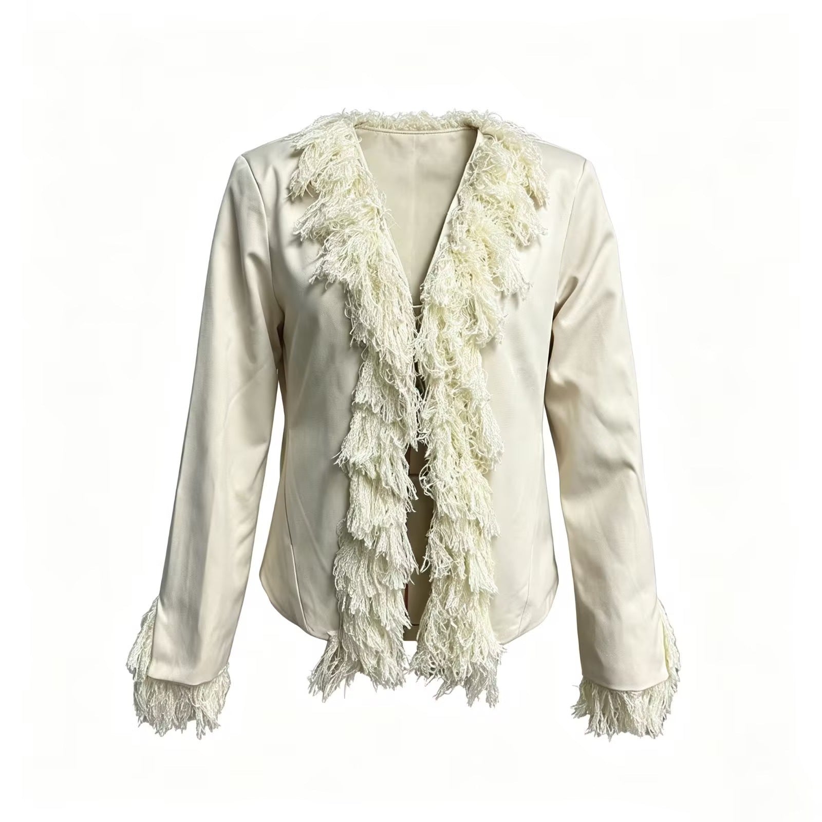 Women's short blazer with fringed shawl collar and decorative sleeve cuffs Chichicherry