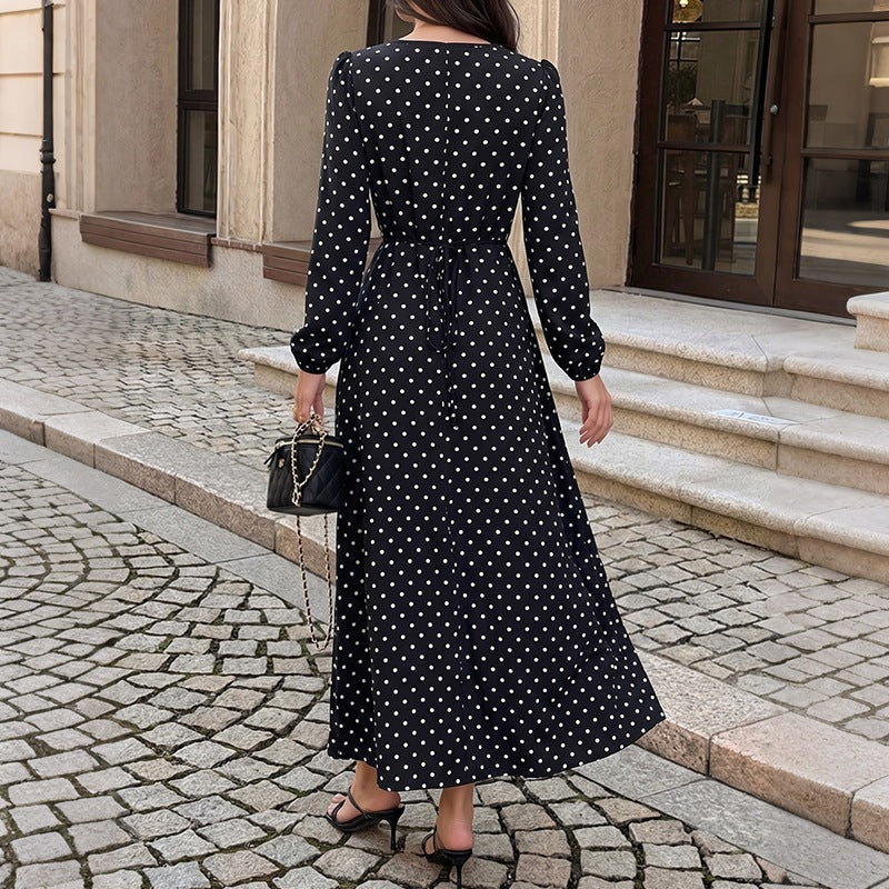 Women's Polka-Dot Maxi Dress with Lace V-Neck, Empire Waistline, and Long Flowing Skirt Chichicherry