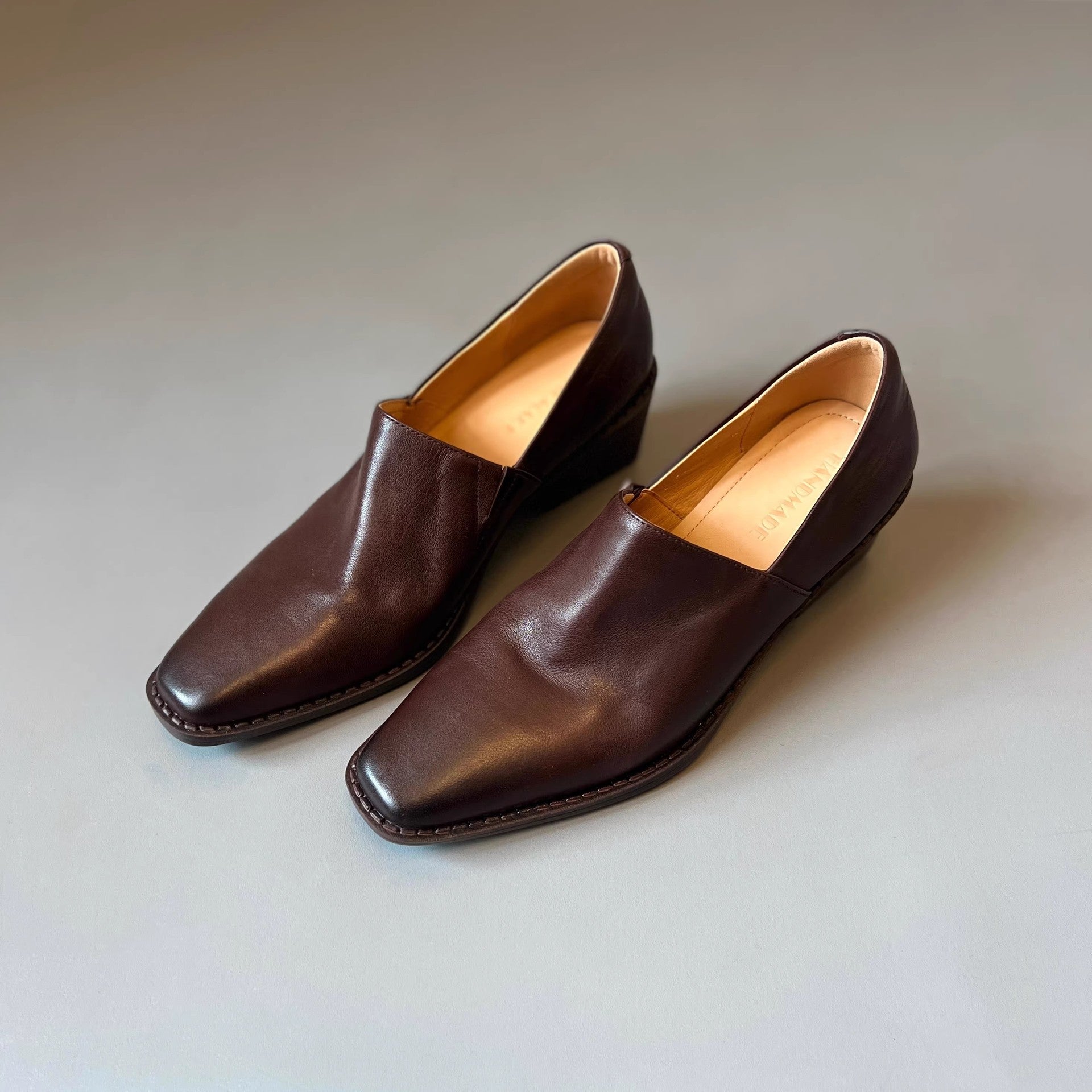 Women's Elegant Slip-on Loafer with Square Toe Cap and Mid-High Block Heel Chichicherry