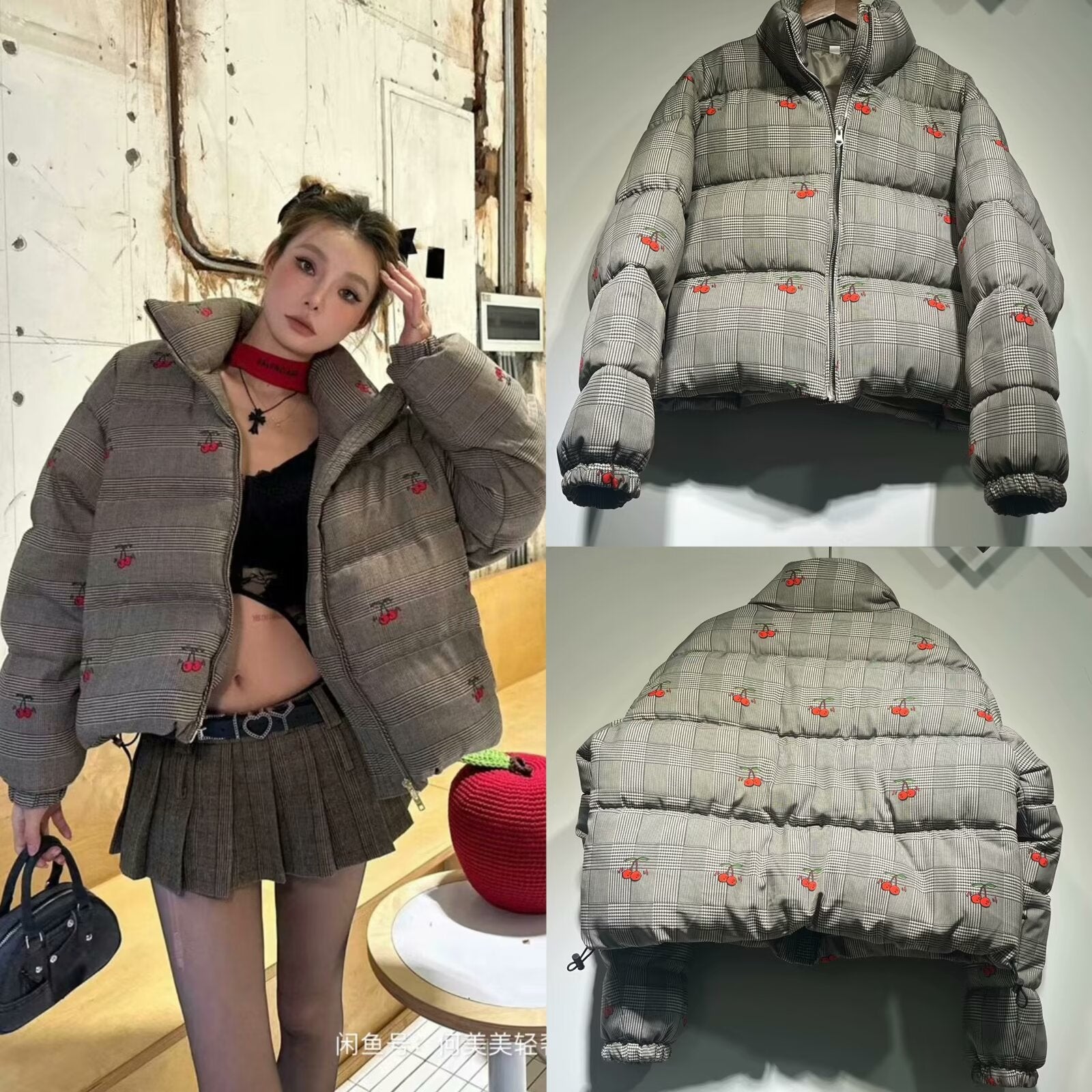 Women's short-cut quilted down-look jacket with stand-up collar and cherry embroidery Chichicherry