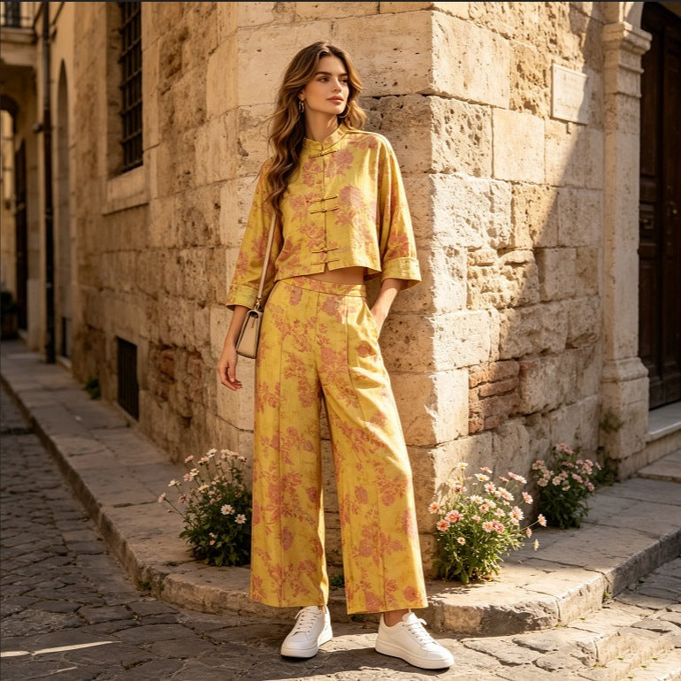 Women Two-Piece Jacquard Set with Stand Collar and Knot Closures Chichicherry