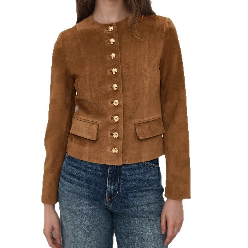 Women's Tailored Suede Look Jacket with Stand-Up Collar and Decorative Button Placket Chichicherry