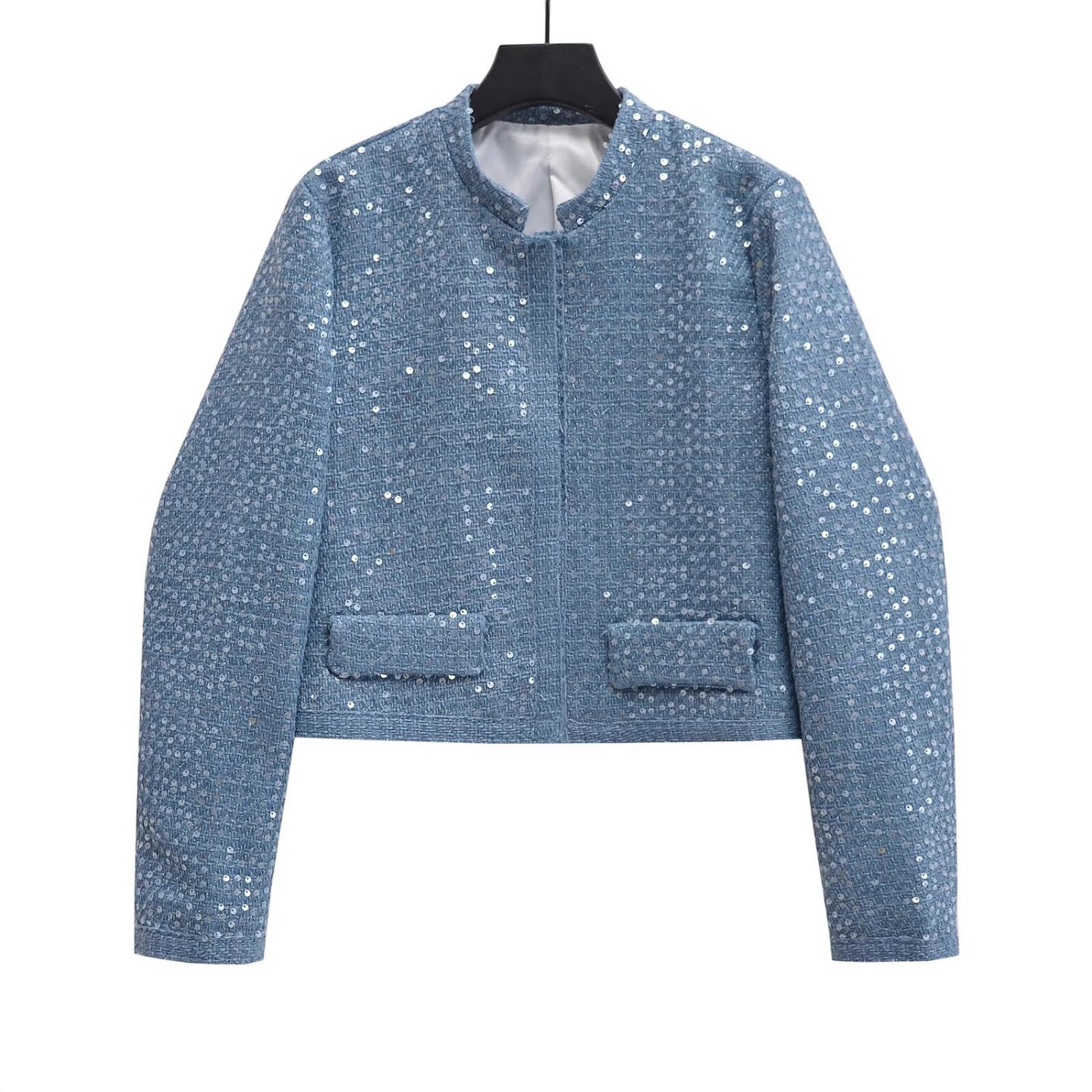 Women's Short Blazer Made of Boucle Tweed with Sequins and Flap Pockets Chichicherry