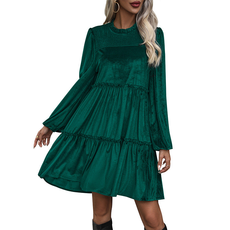 Women's velvet dress with gathered tiered A-line and smocked bodice Chichicherry