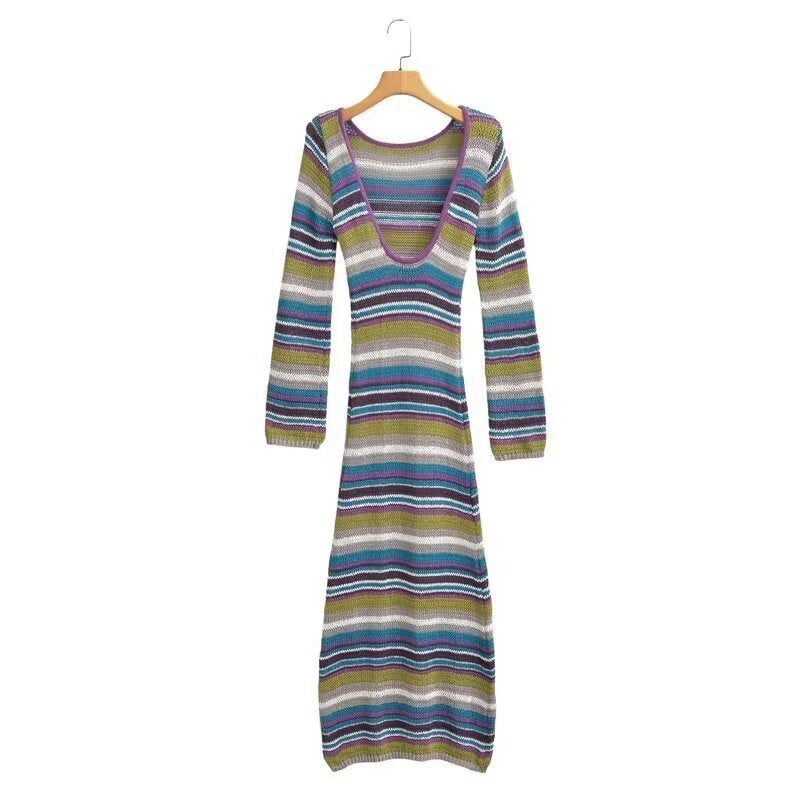 Women's Striped Ribbed Maxi Dress with Round Neckline and Figure-Hugging Silhouette Chichicherry