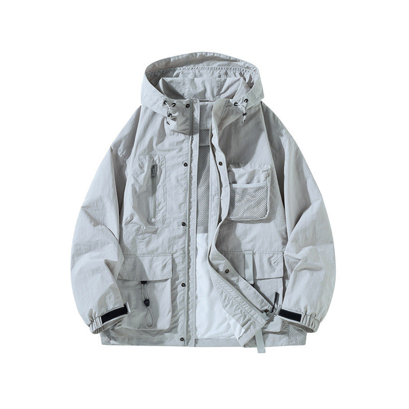Men's Technical Utility Outdoor Jacket with Hood, Multifunction Pockets and Mesh Lining Chichicherry