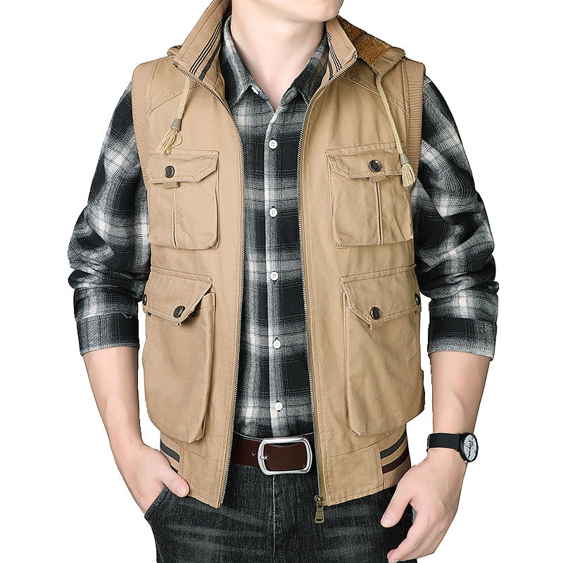 Men's hooded vest with teddy lining and multifunctional utility pockets Chichicherry