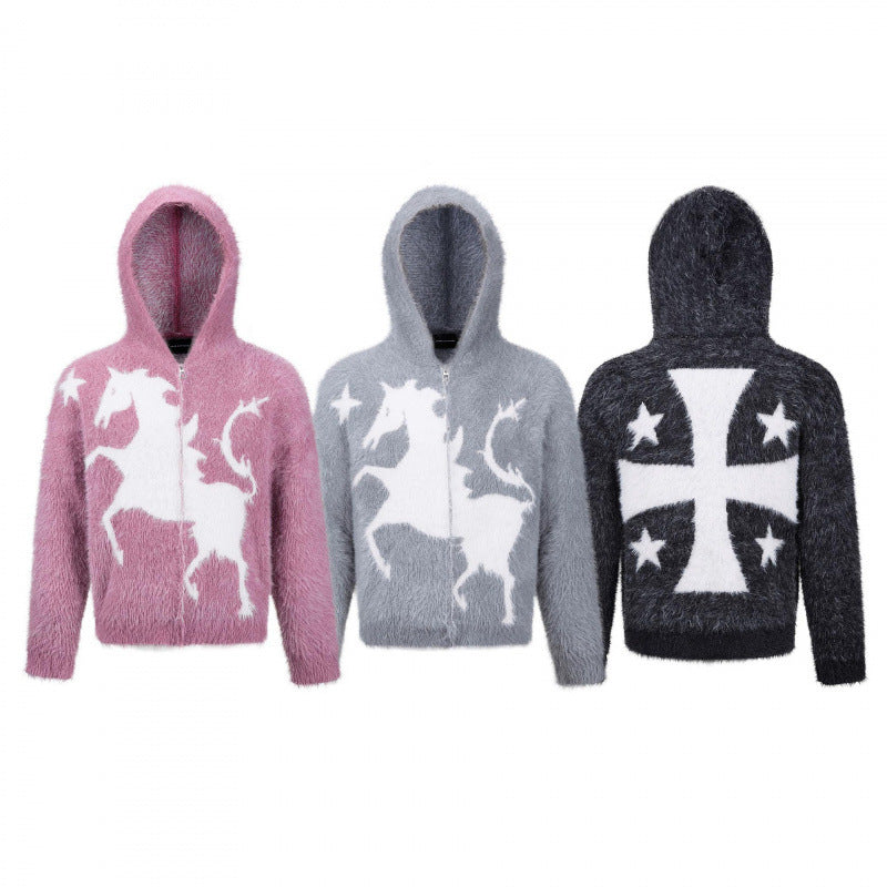Unisex Fluffy Hoodie with Unicorn Motif and Continuous Zipper Chichicherry