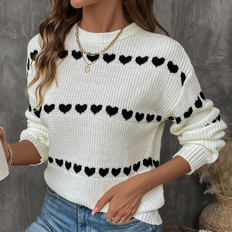Women’s knit sweater with heart jacquard, round neckline, and casual oversized fit Chichicherry