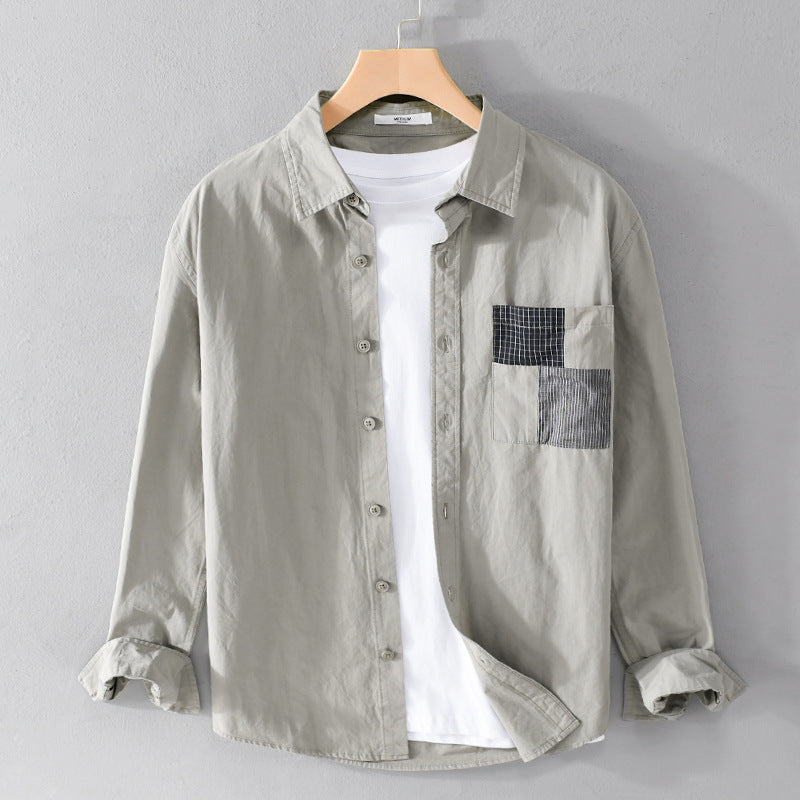 Men's Lightweight Cotton Oversized Shirt with Geometric Chest Patch Pocket Chichicherry