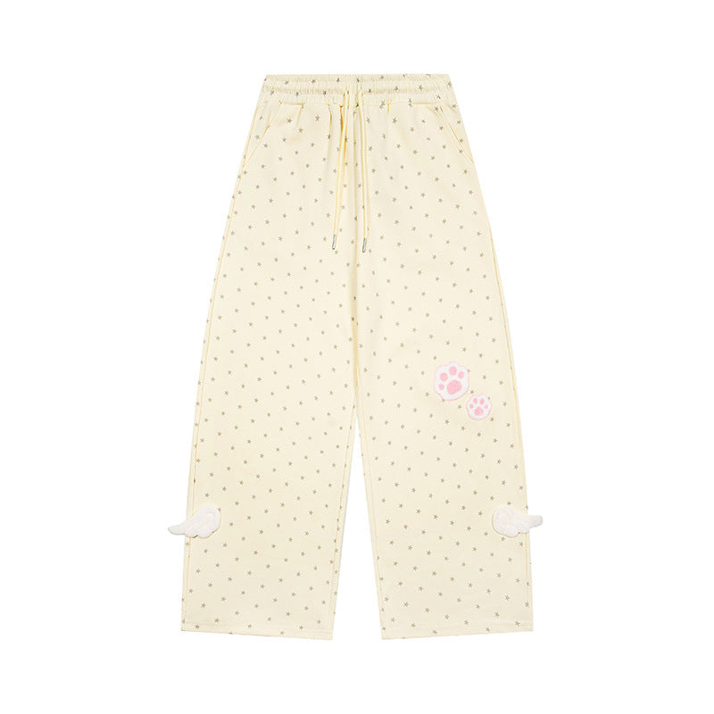 Women’s Relaxed Lounge Pants with Elastic Waistband, Allover Star Print and Paw Print Application Chichicherry