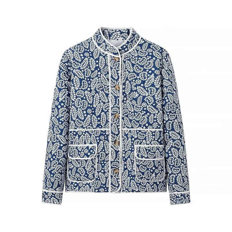 Women quilted transitional jacket withStand-up collar, paisley print and contrasting piping Chichicherry