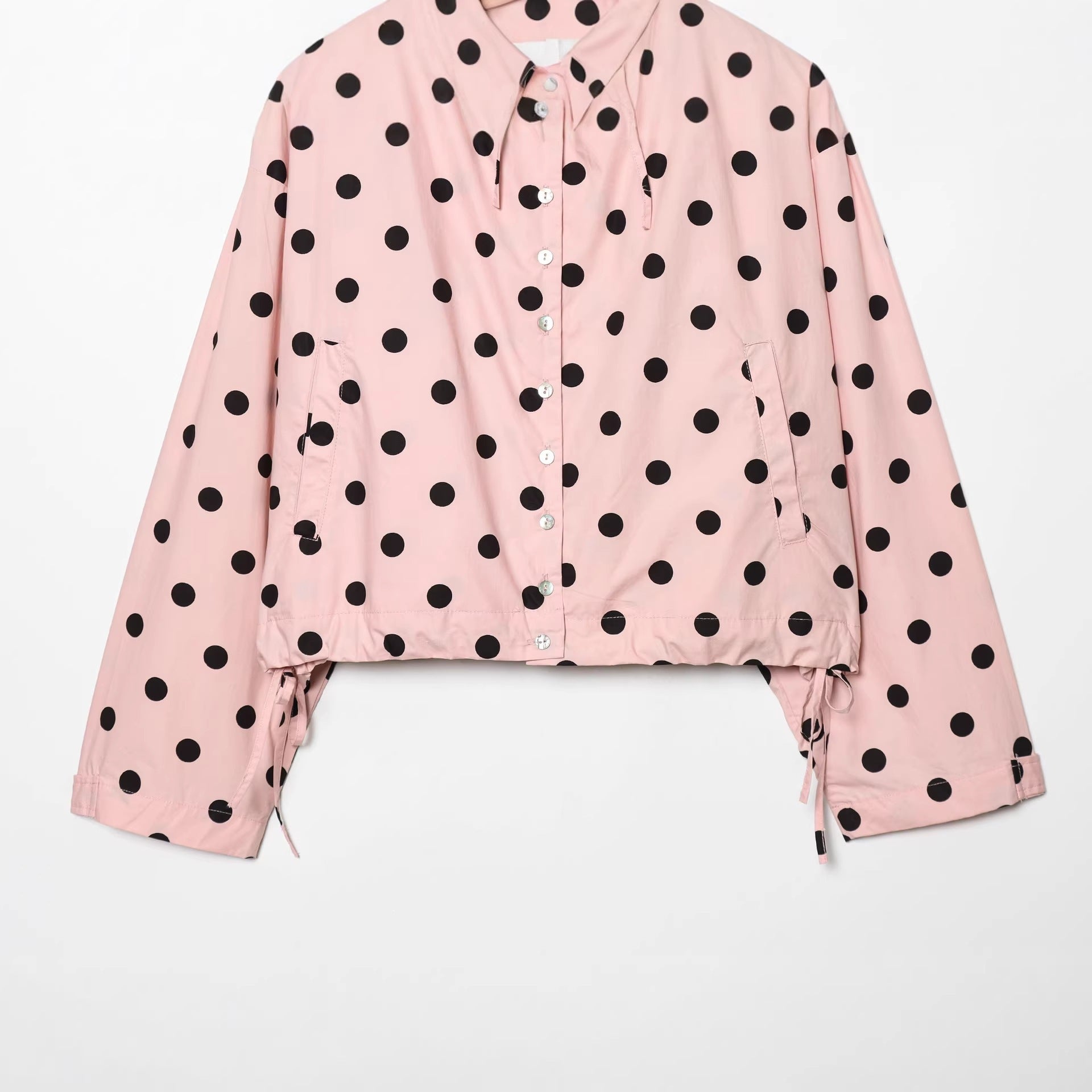 Women's Polka Dot Cropped Blouson Jacket with High Stand Collar, Drawstring and Button Placket Chichicherry