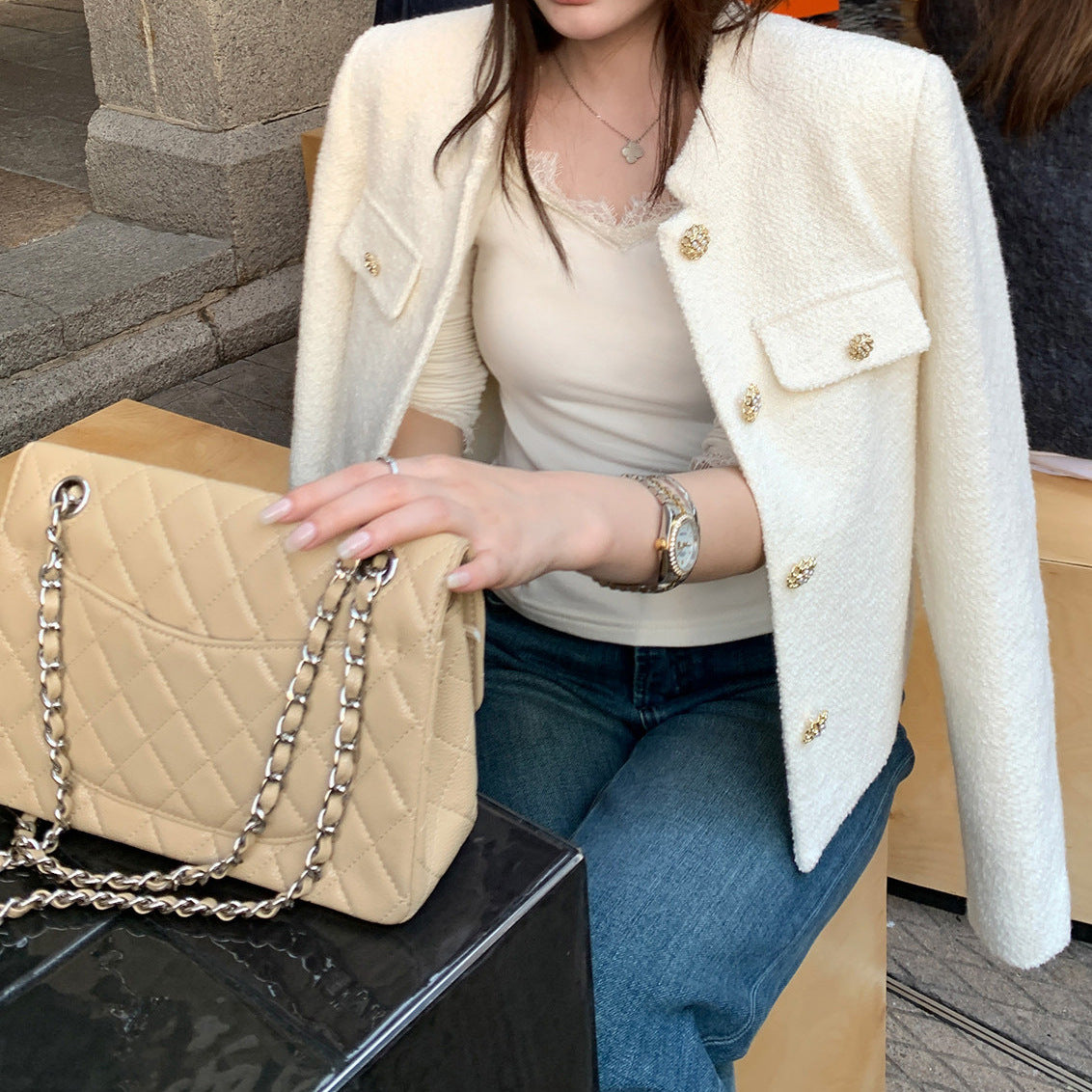 Women's Elegant Tweed Jacket with Golden Buttons Drune