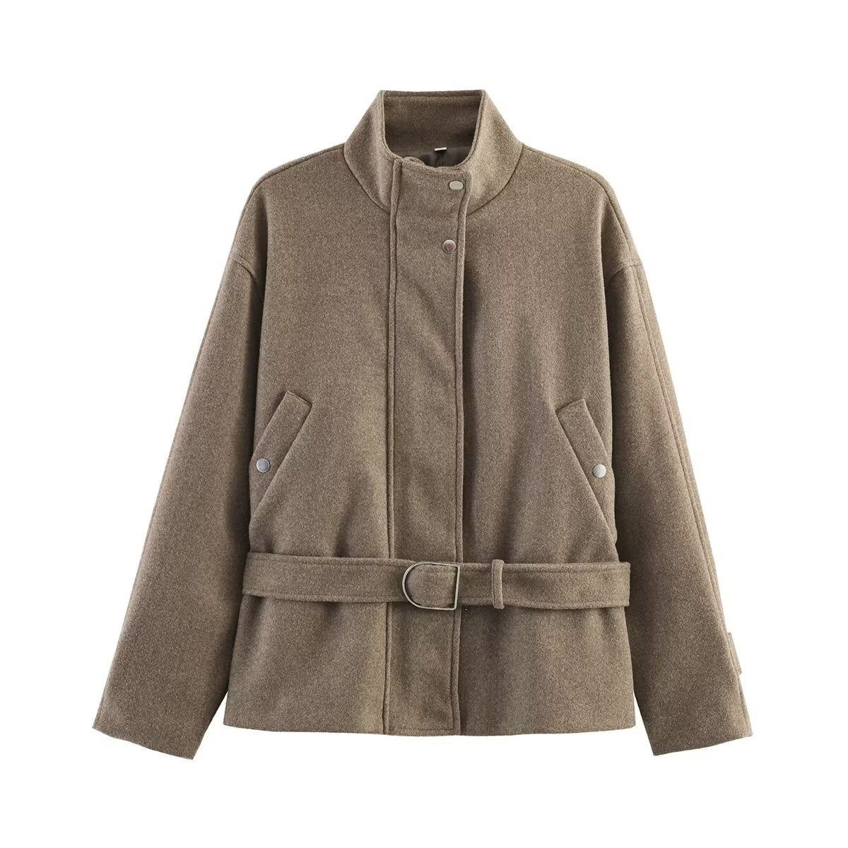 Women's Boxy Wool Jacket with Stand-Up Collar, Concealed Snap Button Placket and D-Ring Waist Belt Chichicherry