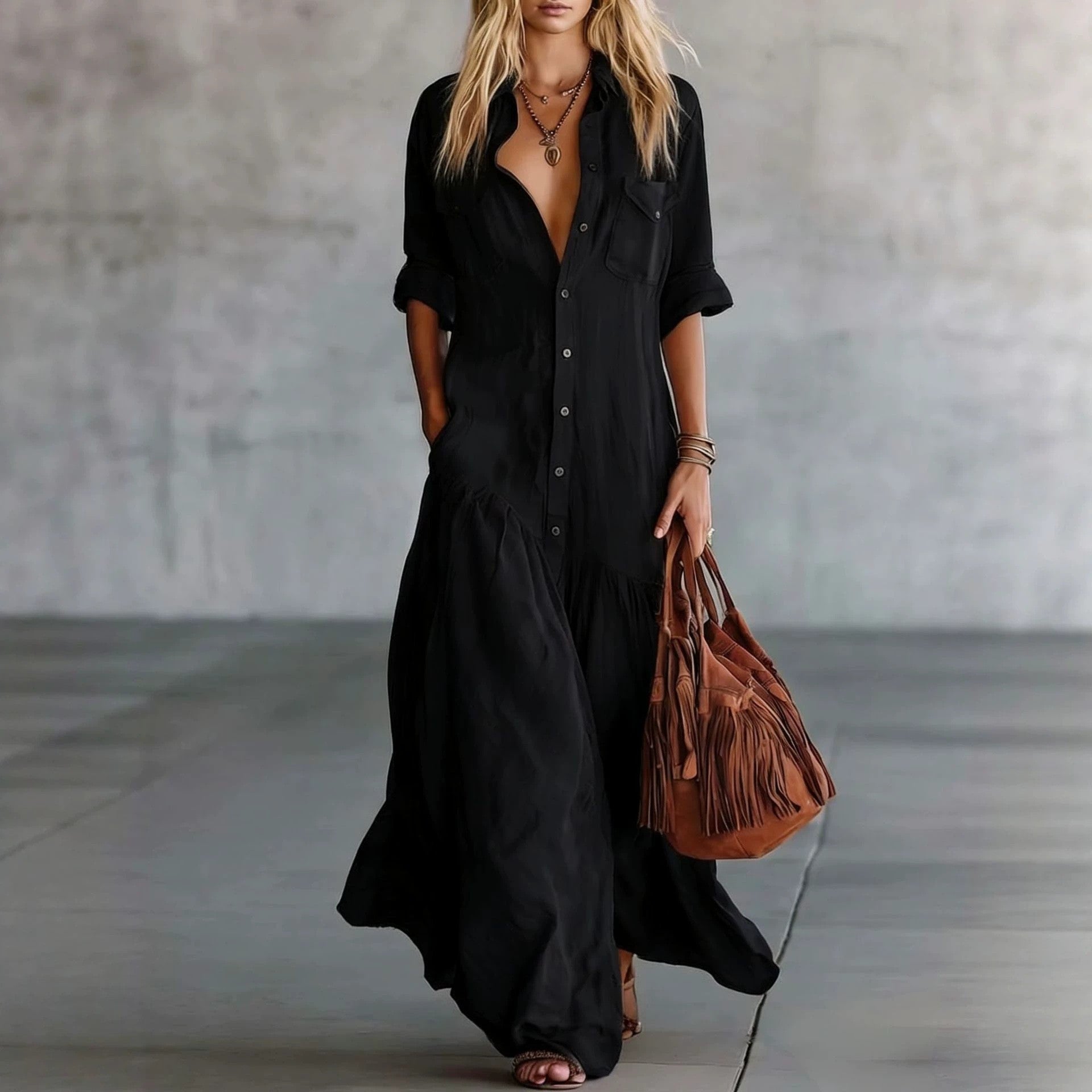 Damen Langes fließendes Hemdblusen-Maxikleid mit Knopfleiste, aufgesetzten Brusttaschen und seitlichen Eingrifftaschen Chichicherry