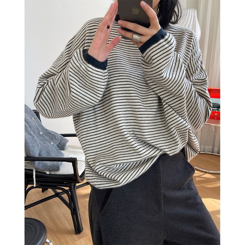Women's Striped Fine Knit Sweater with Dropped Shoulder and Ribbed Collar Chichicherry