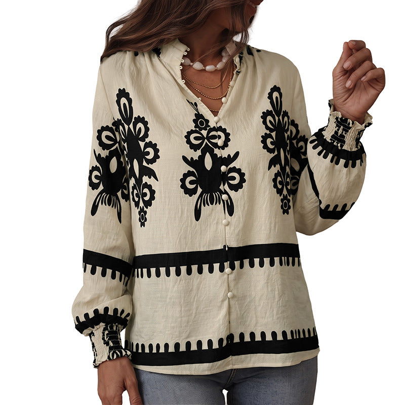 Women's Loose Blouse Shirt with Folk Print, Ruffled Collar and Smocked Sleeve Cuffs Chichicherry