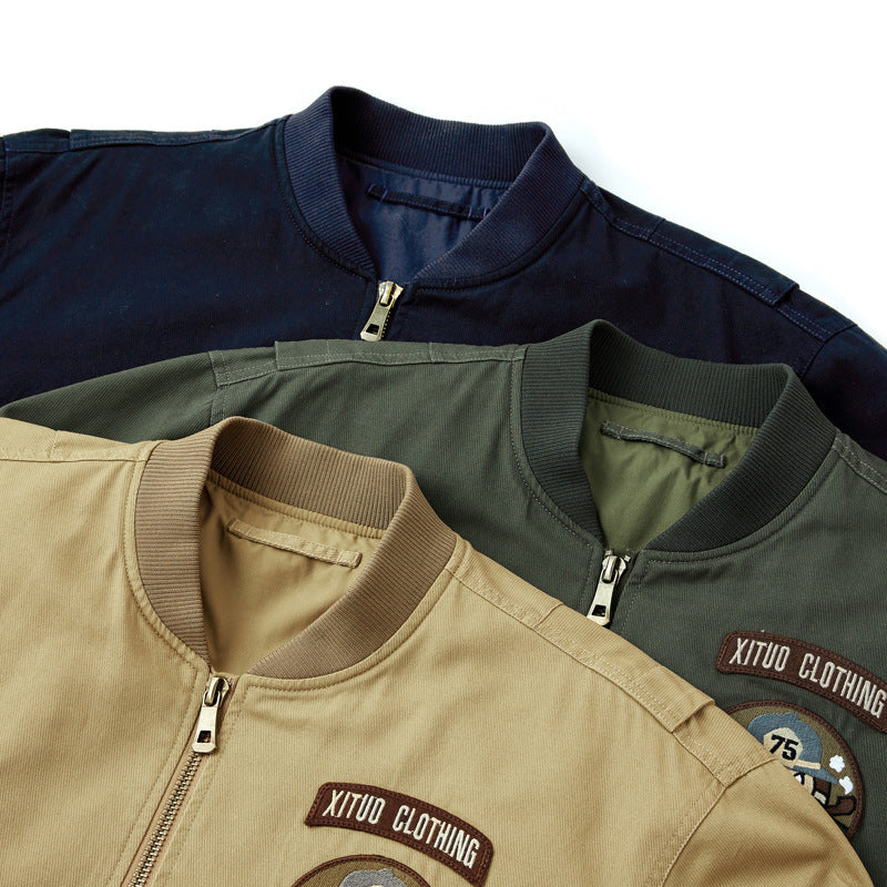 Men's Short-Cut Pilot Bomber with Utility Pockets and Embroidered Patches Chichicherry