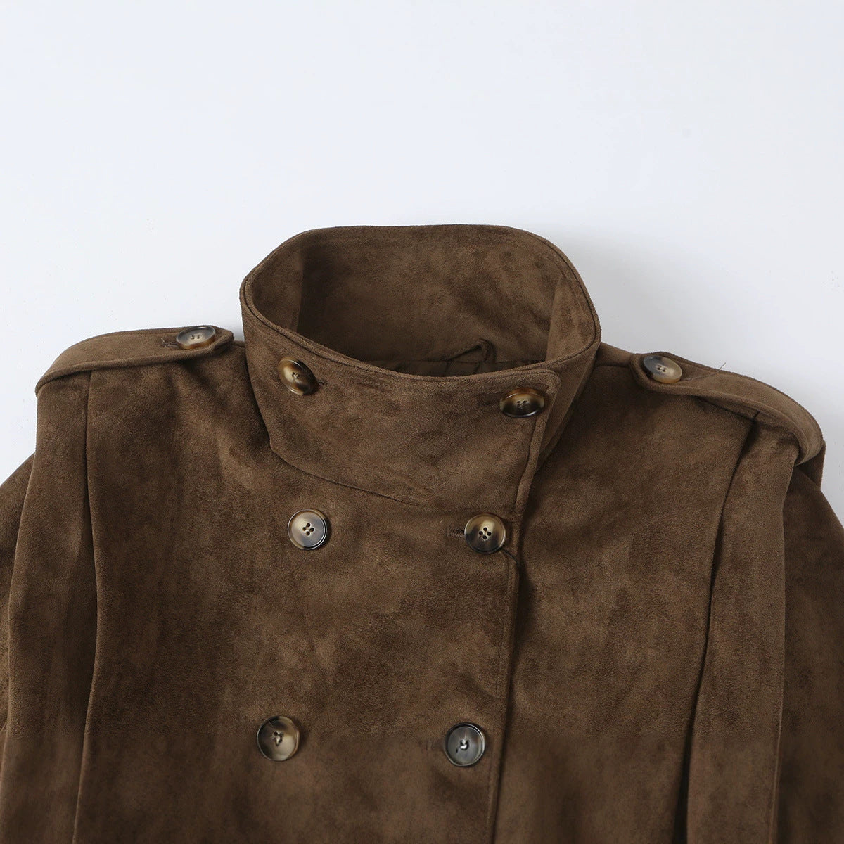 Women Short Double-Breasted Suede Jacket with Stand-Up Collar and Epaulettes Chichicherry