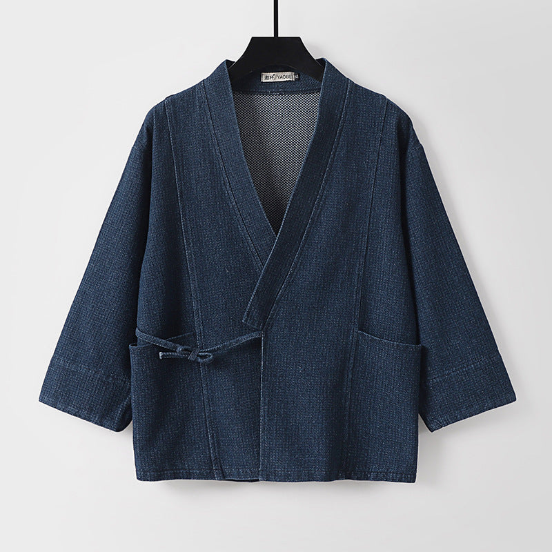 Unisex Jeans-Kimono Jacket with Ties and Patch Pockets Chichicherry