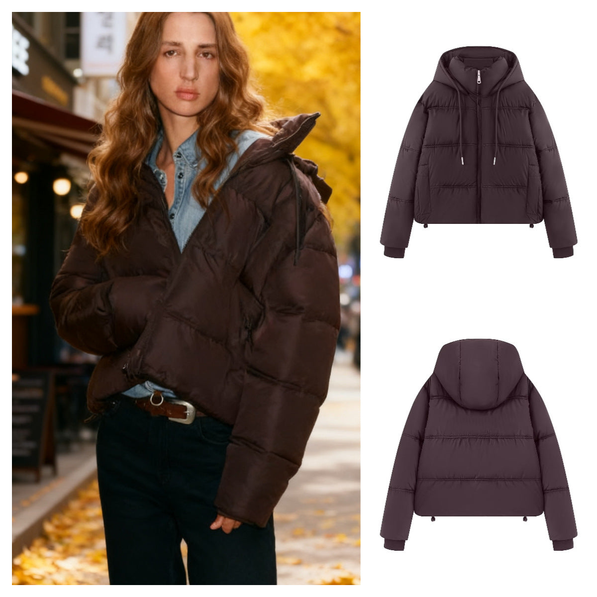 Women's Cropped Padded Jacket with High Hood, Drawstring and Ribbed Cuffs Chichicherry