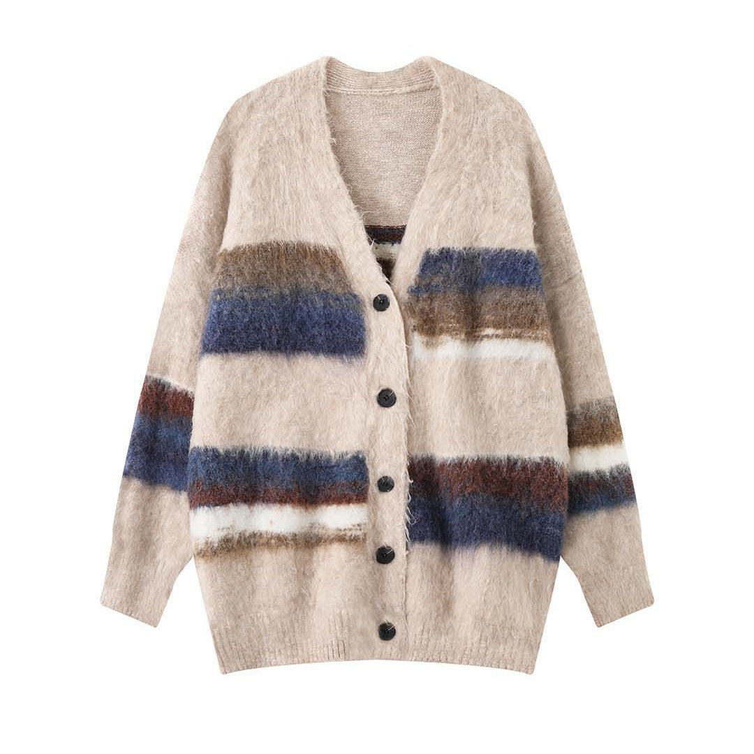 Women Cozy Mohair-Optics Checkered Button Cardigan with Oversize Silhouette Chichicherry