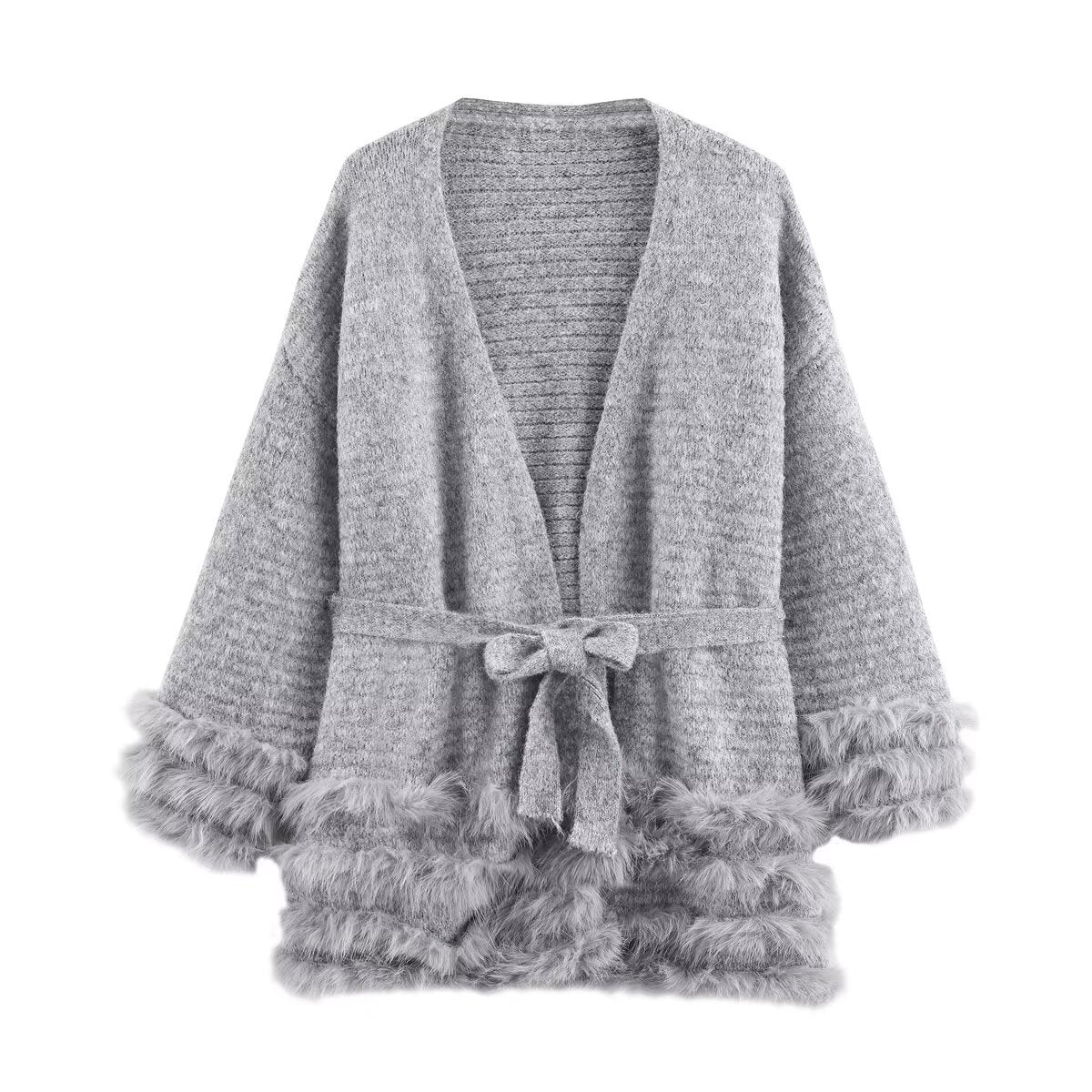 Women's Knit Cardigan with Tie Belt and Faux Fur Trim Chichicherry