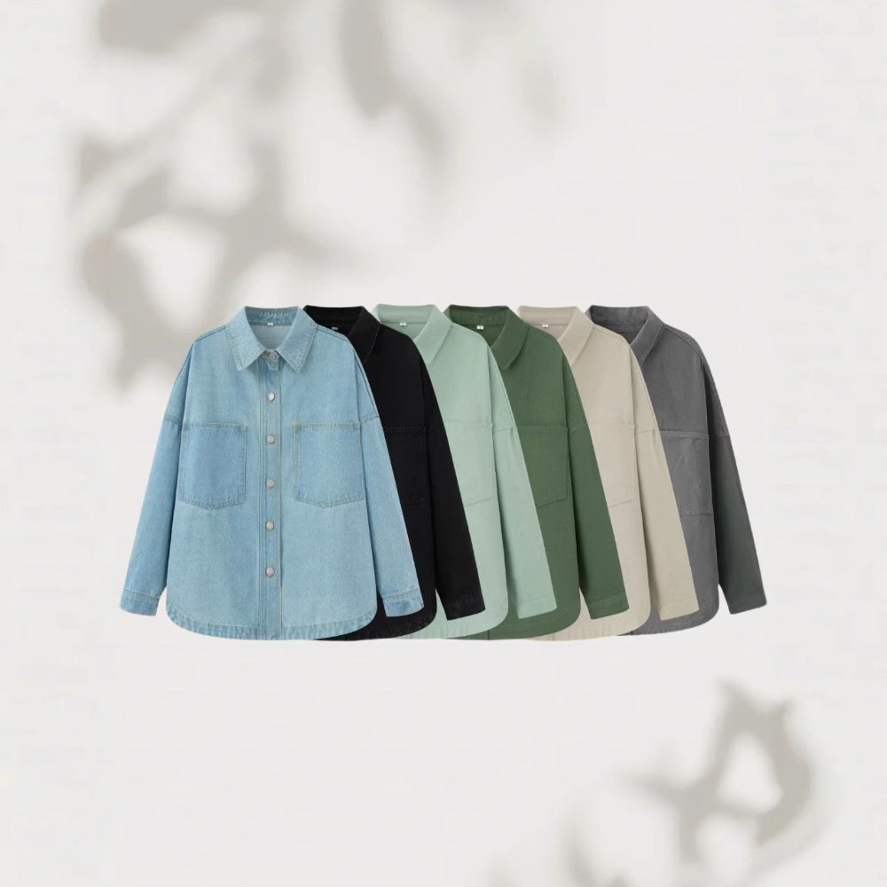Women's Oversize Jeans Shirt Jacket in Boxy Cut with Patch Chest Pockets and Rounded Hem Chichicherry